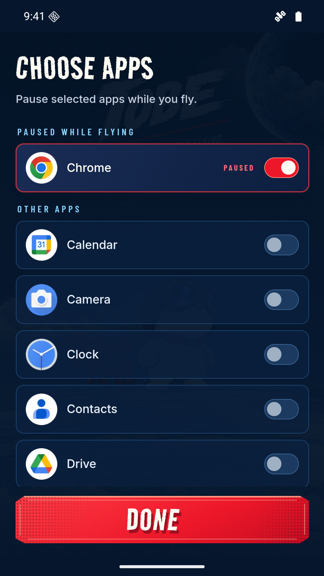 TOBE BLOCK APPS on Android, with Chrome selected to pause during a flight.