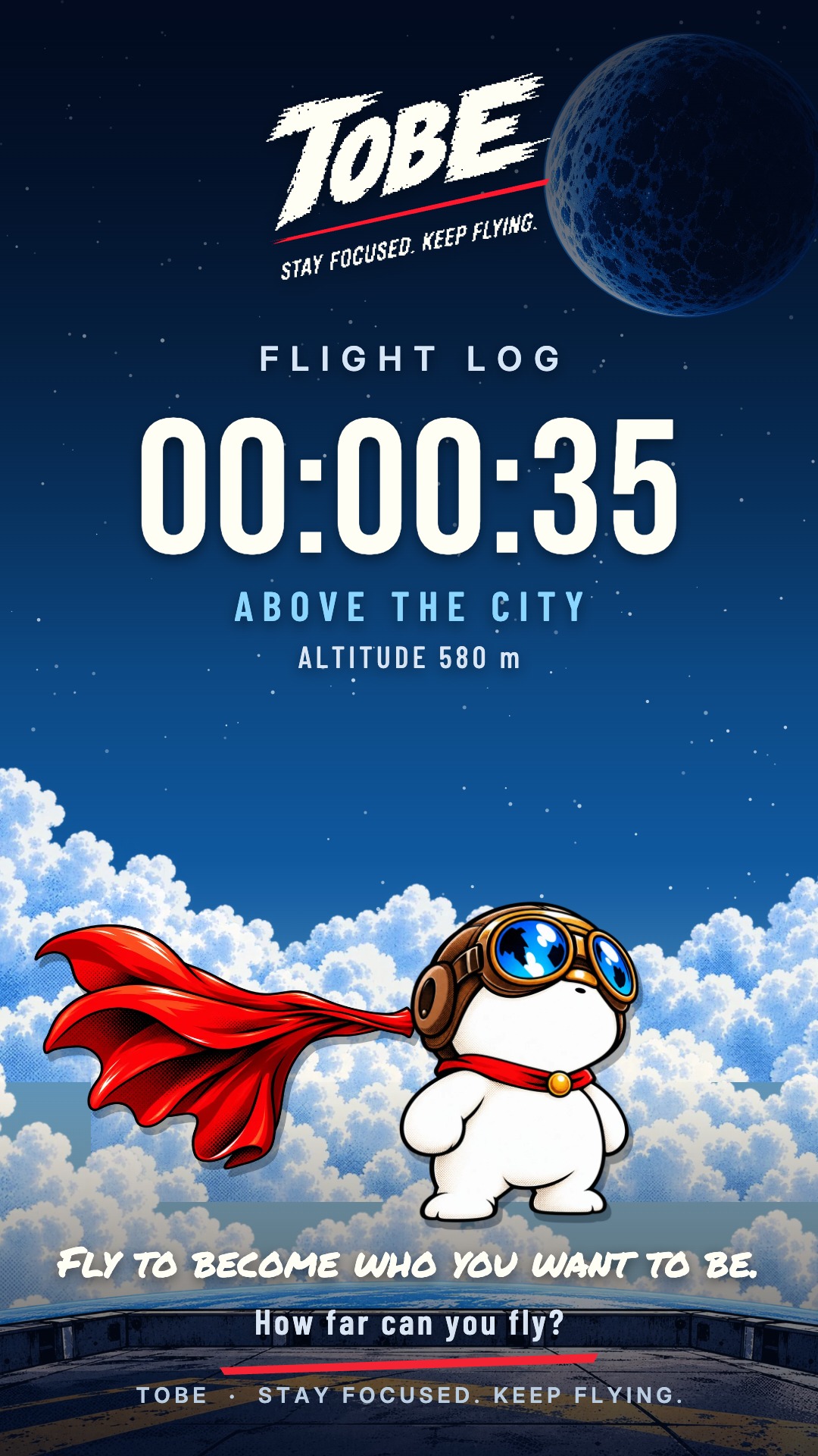 An actual TOBE FLIGHT LOG Share Card, showing a completed flight, ABOVE THE CITY, and How far can you fly?