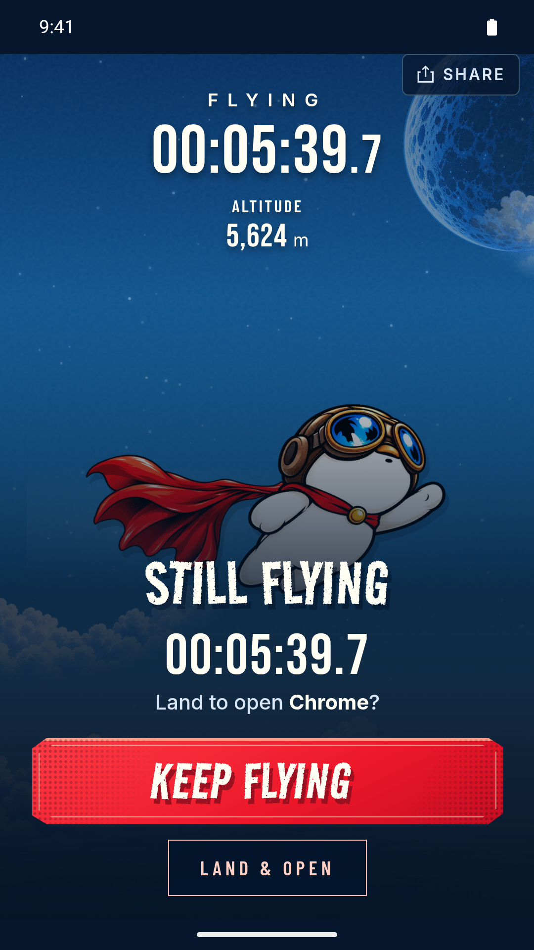 TOBE STILL FLYING on Android: KEEP FLYING continues the flight; LAND & OPEN ends it and opens Chrome.